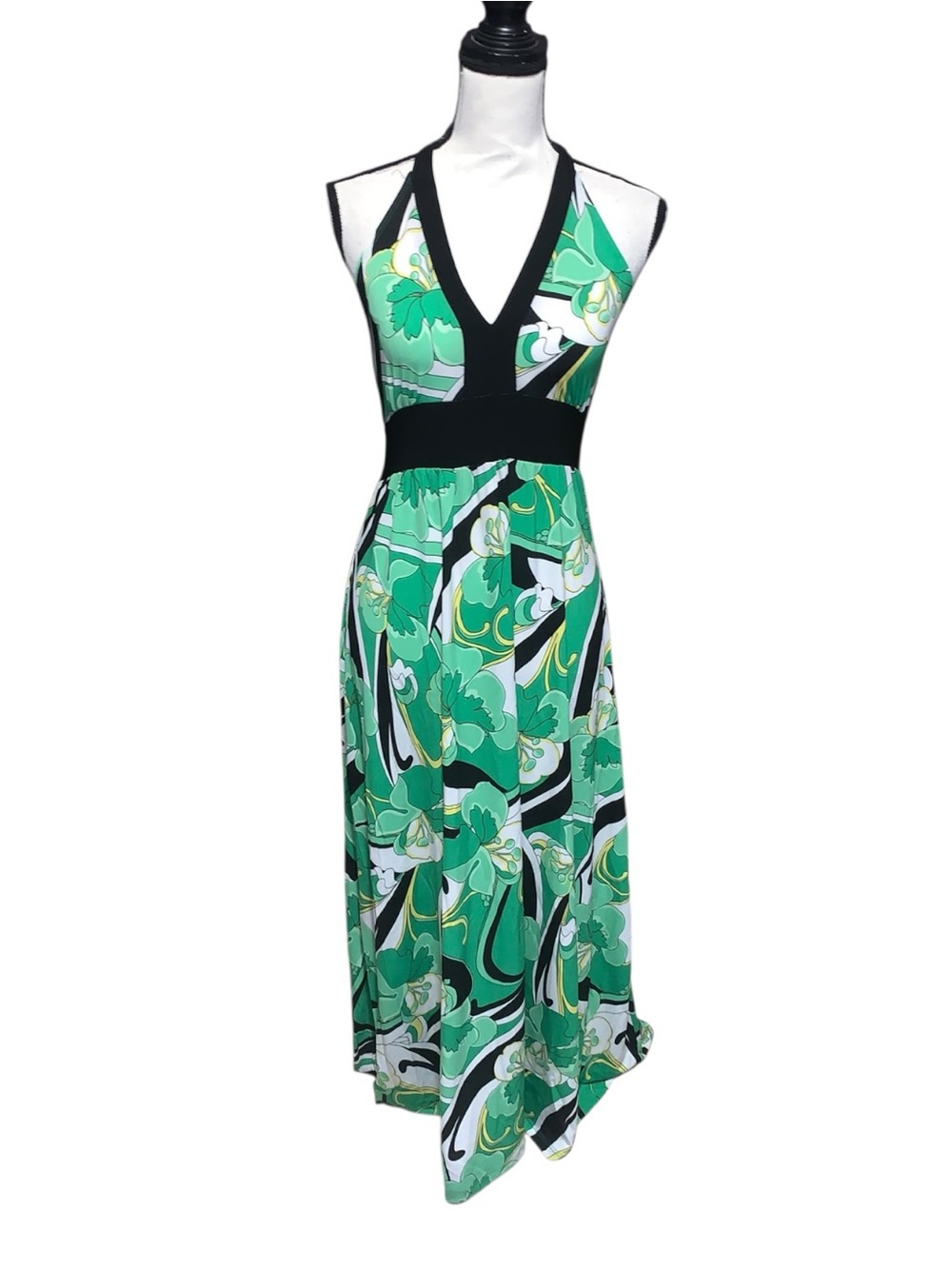 Egen Halter Maxi Dress with Green Floral Print and Black Trim Summer Stretch
